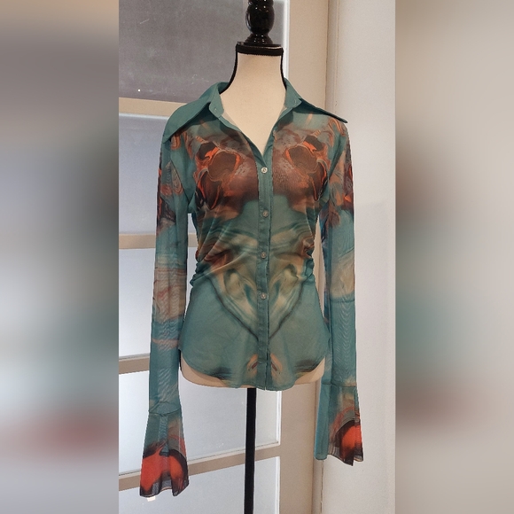 NANYI Tops - Orange and Blue Button Down Shirt with Vibrant Style